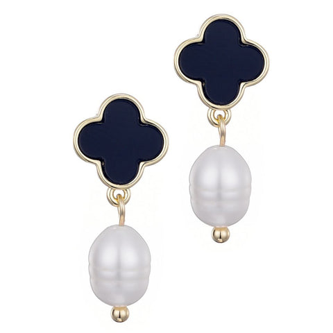 14k Gold Plated Black Clover and Freshwater Pearl Drop Earrings