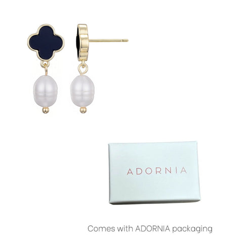 14k Gold Plated Black Clover and Freshwater Pearl Drop Earrings
