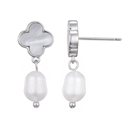 Silver Plated White Mother of Pearl Clover and Freshwater Pearl Drop Earrings