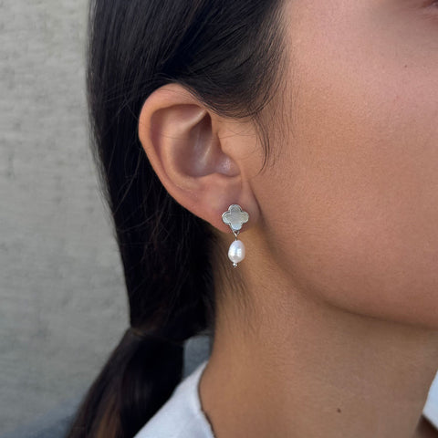 Silver Plated White Mother of Pearl Clover and Freshwater Pearl Drop Earrings
