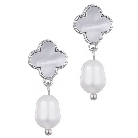 Silver Plated White Mother of Pearl Clover and Freshwater Pearl Drop Earrings
