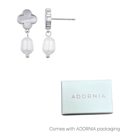 Silver Plated White Mother of Pearl Clover and Freshwater Pearl Drop Earrings