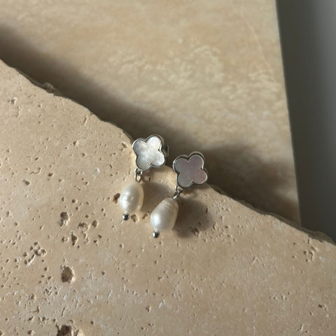 Silver Plated White Mother of Pearl Clover and Freshwater Pearl Drop Earrings