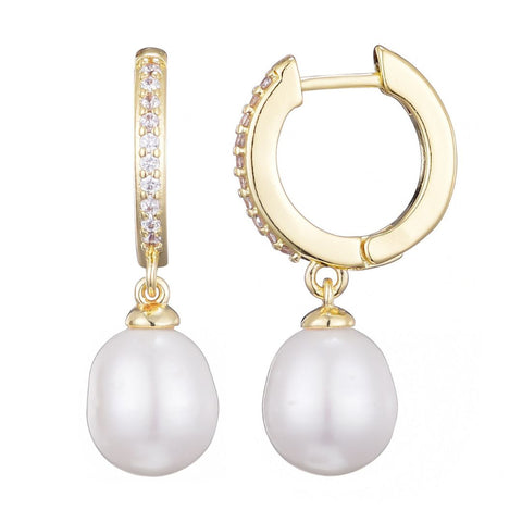 14k Gold Plated CZ Huggie Hoop Earrings with Freshwater Pearl Drop