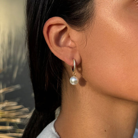14k Gold Plated CZ Huggie Hoop Earrings with Freshwater Pearl Drop