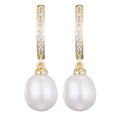 14k Gold Plated CZ Huggie Hoop Earrings with Freshwater Pearl Drop