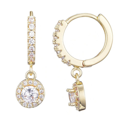14k Gold Plated CZ Halo Drop Huggie Hoop Earrings
