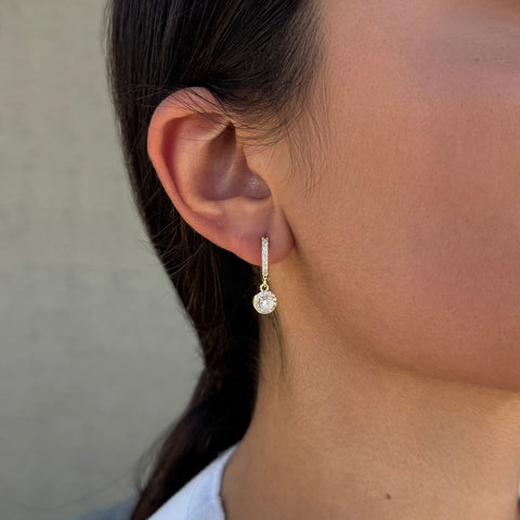 14k Gold Plated CZ Halo Drop Huggie Hoop Earrings