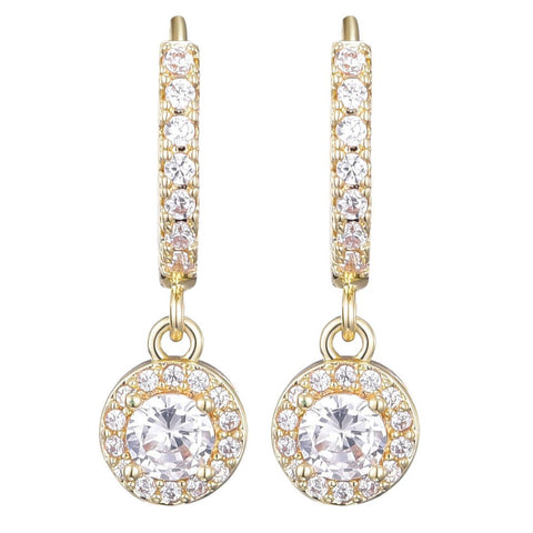14k Gold Plated CZ Halo Drop Huggie Hoop Earrings