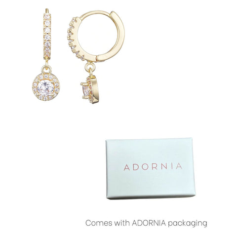 14k Gold Plated CZ Halo Drop Huggie Hoop Earrings