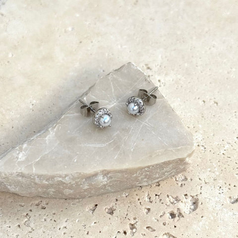 Freshwater Pearl CZ Halo Stud Earrings