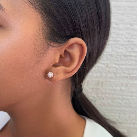 Freshwater Pearl CZ Halo Stud Earrings