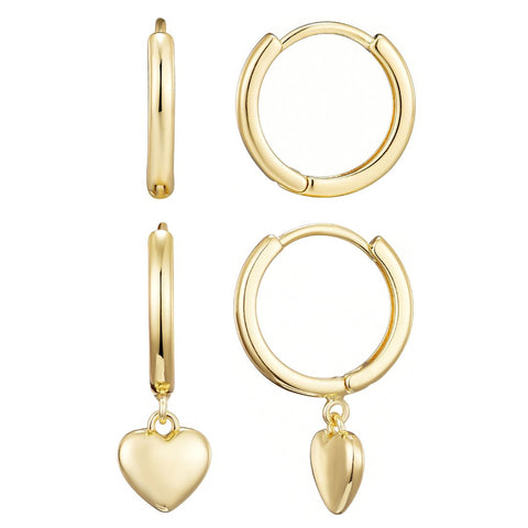 14k Gold Plated Heart Huggie Earring Set