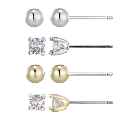 14k Gold and Silver Plated Ball and CZ Solitaire Stud Set