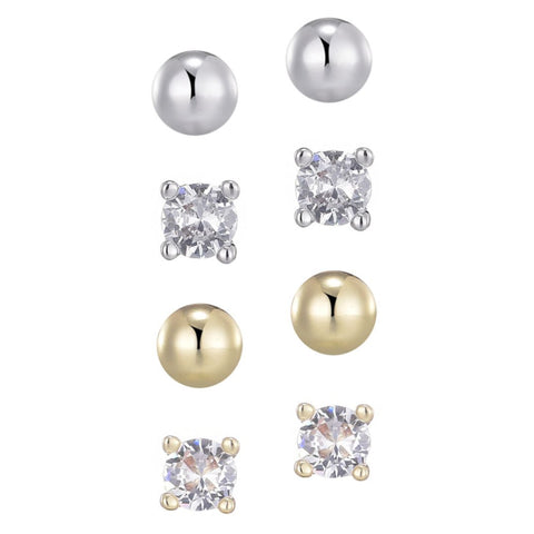 14k Gold and Silver Plated Ball and CZ Solitaire Stud Set
