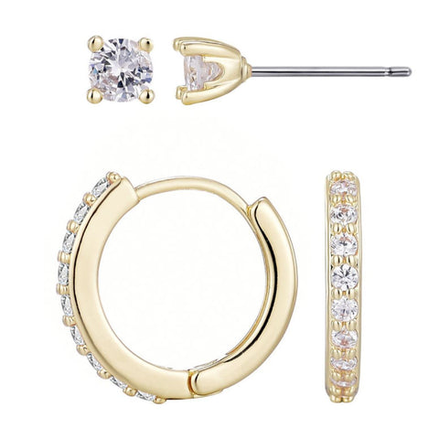 14k Gold Plated CZ Huggie and Solitaire Stud Set