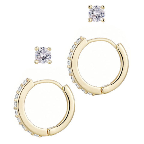 14k Gold Plated CZ Huggie and Solitaire Stud Set