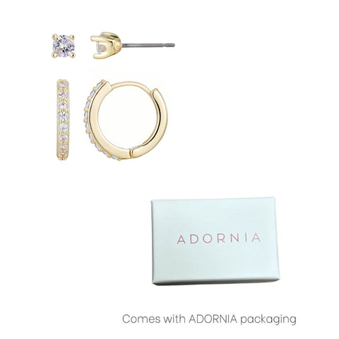 14k Gold Plated CZ Huggie and Solitaire Stud Set
