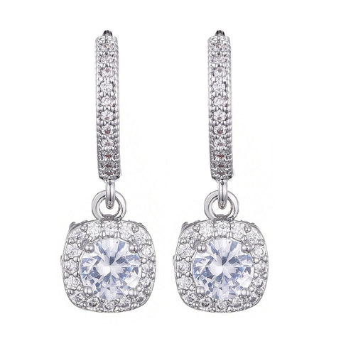 Silver Plated Cushion Halo CZ Huggie Earrings