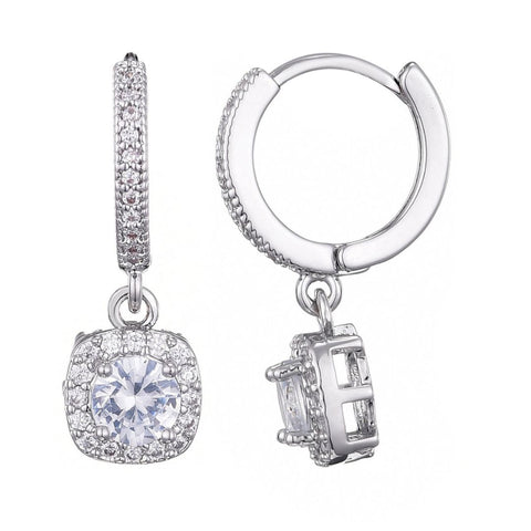 Silver Plated Cushion Halo CZ Huggie Earrings