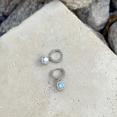 Silver Plated Cushion Halo CZ Huggie Earrings