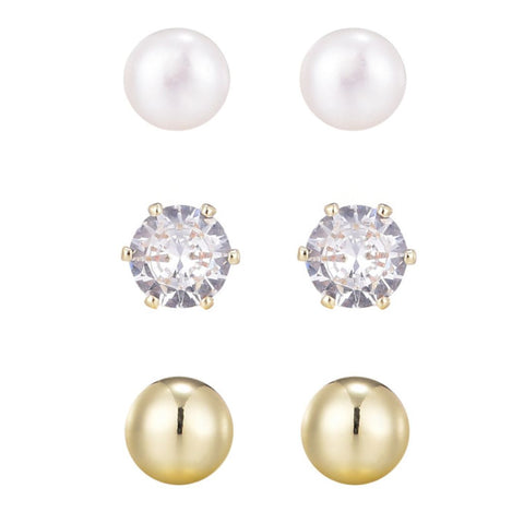 14k Gold Plated Ball, Solitaire, and Freshwater Pearl Stud Earring Set