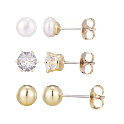 14k Gold Plated Ball, Solitaire, and Freshwater Pearl Stud Earring Set