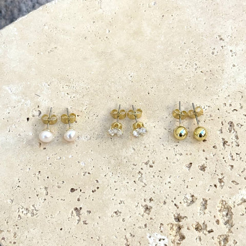 14k Gold Plated Ball, Solitaire, and Freshwater Pearl Stud Earring Set