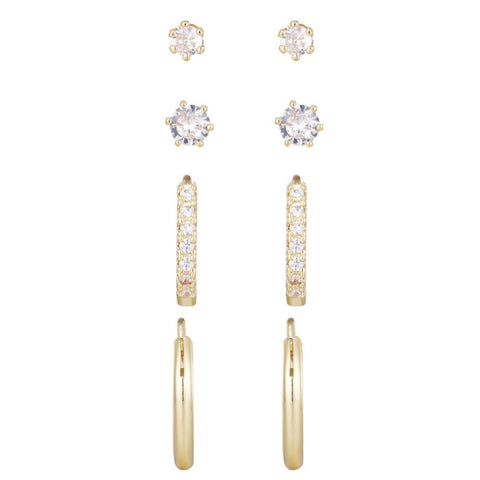 14k Gold Plated CZ Hoop and Solitaire Stud Set