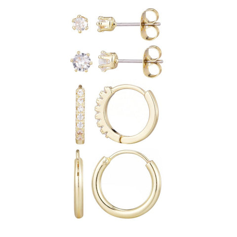 14k Gold Plated CZ Hoop and Solitaire Stud Set