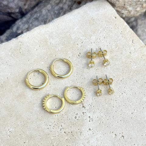 14k Gold Plated CZ Hoop and Solitaire Stud Set