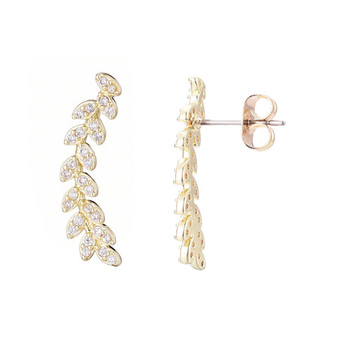 14k Gold Plated Curved CZ Leaf Drop Earrings