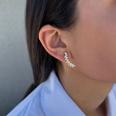 14k Gold Plated Curved CZ Leaf Drop Earrings