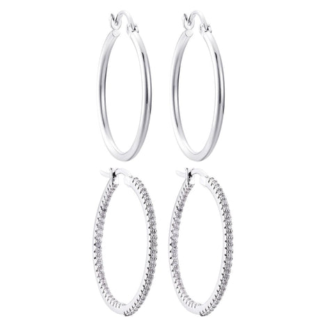 Silver Plated Infinity CZ and Plain Hoop Earring Set