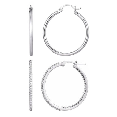 Silver Plated Infinity CZ and Plain Hoop Earring Set
