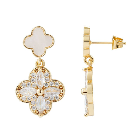 14k Gold Plated Mother of Pearl and CZ Clover Drop Earrings
