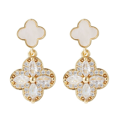 14k Gold Plated Mother of Pearl and CZ Clover Drop Earrings