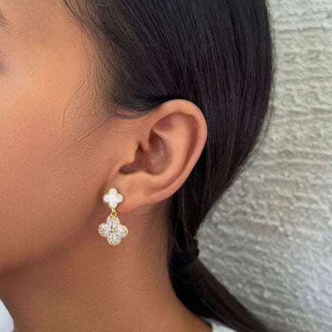 14k Gold Plated Mother of Pearl and CZ Clover Drop Earrings