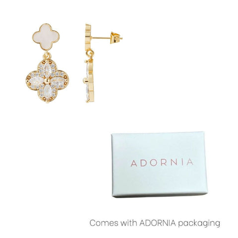 14k Gold Plated Mother of Pearl and CZ Clover Drop Earrings
