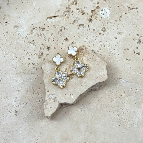14k Gold Plated Mother of Pearl and CZ Clover Drop Earrings