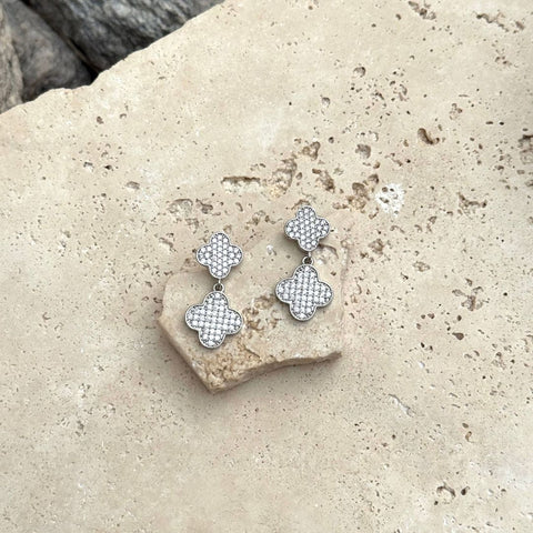Silver Plated CZ Clover Drop Earrings