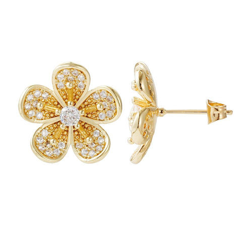14k Gold Plated CZ Flower Stud Earrings