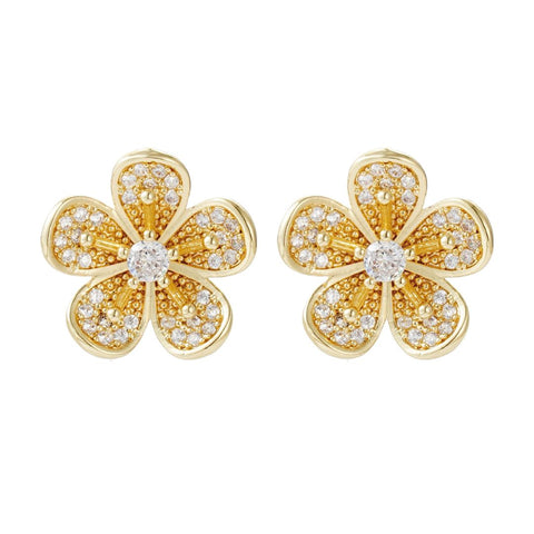 14k Gold Plated CZ Flower Stud Earrings