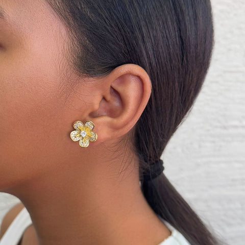 14k Gold Plated CZ Flower Stud Earrings