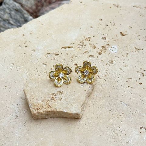 14k Gold Plated CZ Flower Stud Earrings