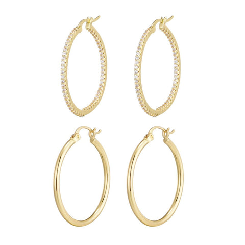 14k Gold Plated Infinity CZ and Plain Hoop Earring Set