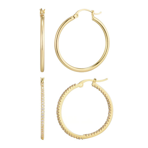 14k Gold Plated Infinity CZ and Plain Hoop Earring Set