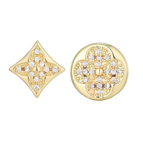14k Gold Plated Mismatched CZ Clover Stud Earring Pair