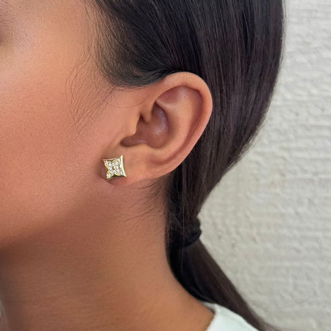 14k Gold Plated Mismatched CZ Clover Stud Earring Pair