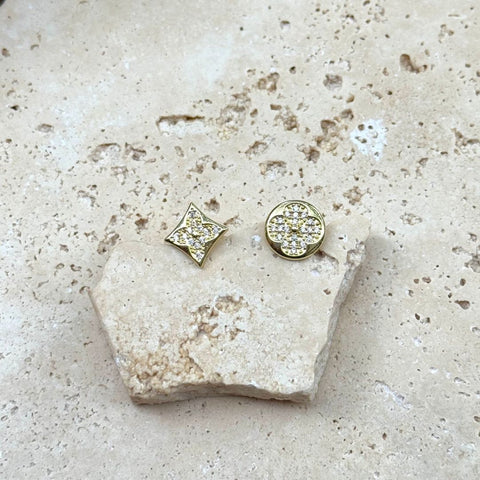 14k Gold Plated Mismatched CZ Clover Stud Earring Pair